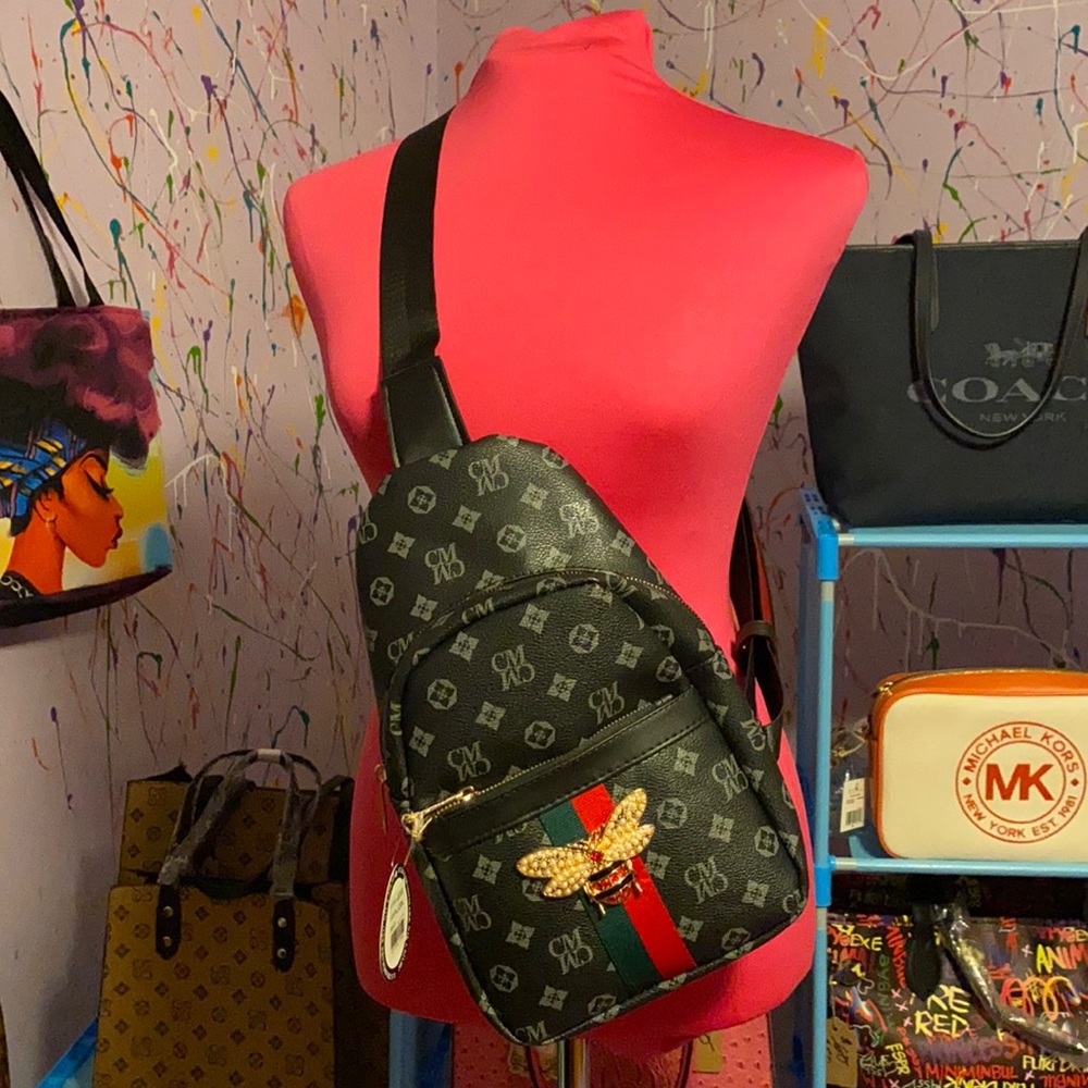 Designer-Inspired Black Logo Sling Backpack with Bee Accent